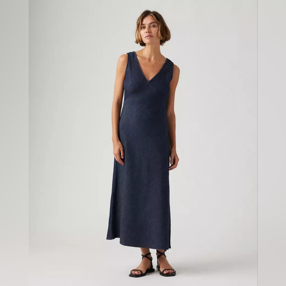 NWT Levi's Atalia Linen+ Denim Midi Slip Dress Dark Blue Size S - Picture 2 of 10